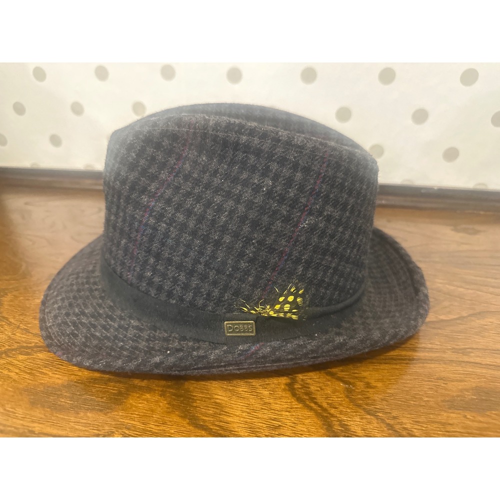 Dobbs Fifth Avenue Mens Grey Houndstooth Wool Fedora Hat Size 7 3/8 Vintage USA